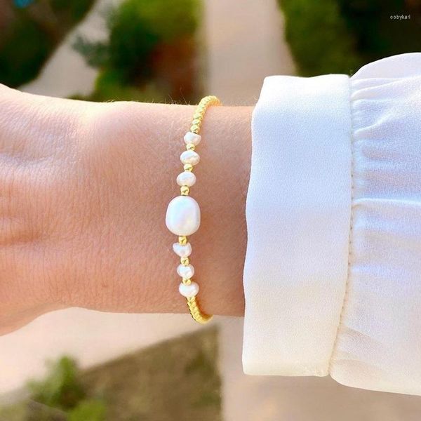 Strand 2023 Braccialetto di perle d'acqua dolce naturale di moda Braccialetti con ciondoli per gioielli fatti a mano con perline dorate per donna