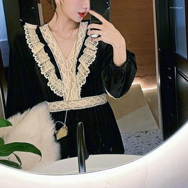 Abiti casual Elegante abito intero coreano manica lunga Vintage festa da sera velluto nero Midi donna 2023 abbigliamento invernale in pizzo