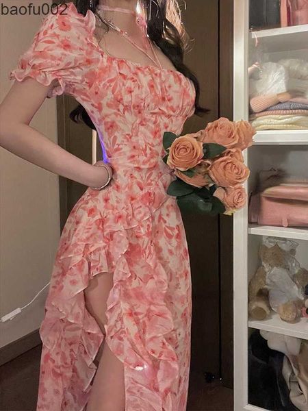Casual Kleider Kurzarm Französisch Elegantes Kleid Strand Floral Einteiliges Kleid Koreanische Mode Party 2022 Sommer Casual Vintage Midi kleid Frau W0315