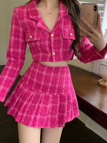Arbeitskleider Herbst Kleiner Duft Vintage Tweed Zweiteiliges Set Elegante Korea Rose Rot Frauen Crop Top Woll Kurzjacke Mantel Miniröcke