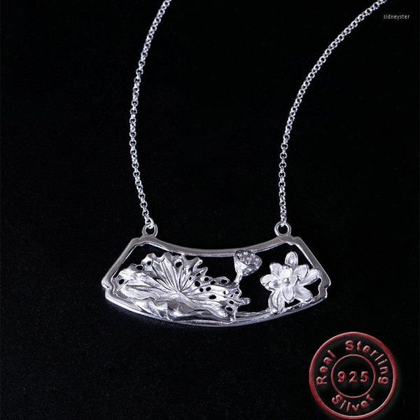 Colares de pendentes amxiu lindo colar de folhas de flores de lótus 925 cadeia clavicular de prata esterlina para mulheres joias de senhora de escritório