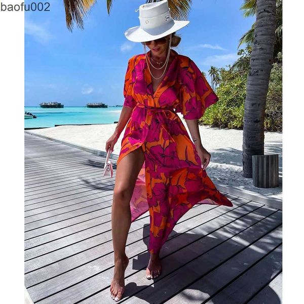 Casual Dresses 2023 Frauen Badeanzug Cover Up Langarm Kaftan Strand Tunika Kleid Robe de Plage Print Chiffon Pareo Hoher Kragen Beachwear W0315