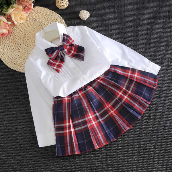 Kleidungssets Frühling Sommer Mädchen Anzug Freizeitkleidung Herbst Britischer Stil Reines weißes Hemd Karierter Rock Schleife Kinder Schuluniform P