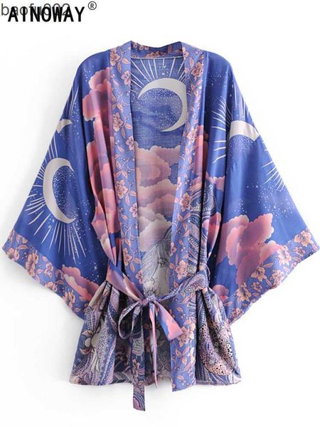 Lässige Kleider Boho Vintage Stern und Mond Blumendruck Schärpen Frauen Bohemian V-Ausschnitt Fledermausärmel Happie Kurze Robe Kimono Kleid Cover-ups W0315