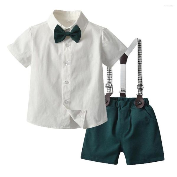 Roupas conjuntos de roupas para crianças meninos de verão infantil infantil camisa branca de algodão com shorts verdes de arco 4 PCs Fashion Party Fantas