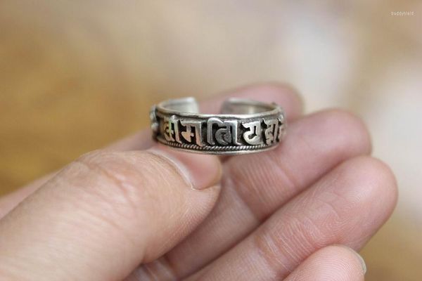 Cluster-Ringe RG319, ethnischer tibetischer 925er-Sterlingsilber, 7 mm, sechs Worte, Mantra Dorje, verstellbarer Ring, handgefertigt, Nepal