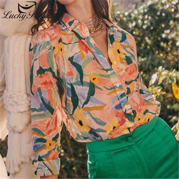 Рубашка женской блузки весна осень оранжевый тонкий цветочный принт с длинным рукавом Rayon Ladies Plus Gothic Fasual Tops ZM188 230314