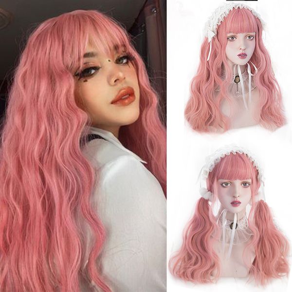 Perucas sintéticas Houyan long curly Hair Wavy rosa peruca feminina de alta temperatura resistente a fibra sintética cosplay lolita 230314