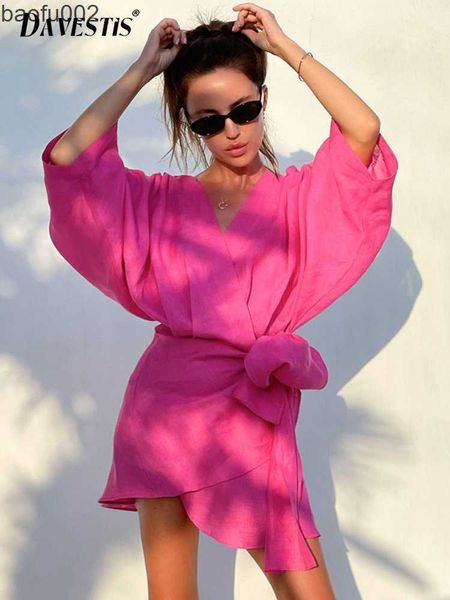 Vestidos casuais vestido de verão 2023 moda rosa quente rosa solto de gola em v vestido curto férias férias vestidos de linho de algodão respirável w0315