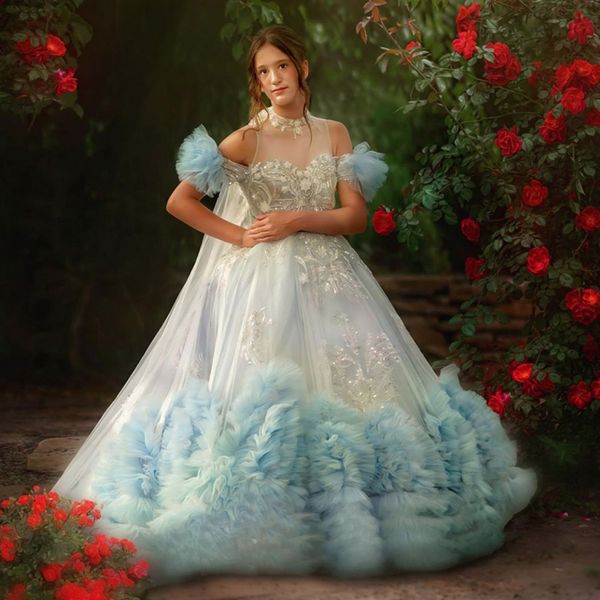 Vestidos de concurso de concurso de meninas azuis claros de céu 2023 Apliques com miçangas com embrulho para crianças vestido de photoshoot vestido de flor de flores para casamentos