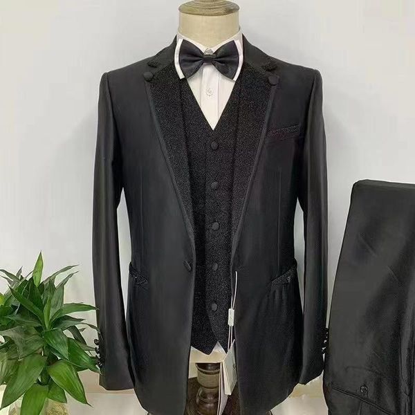 Abiti da uomo Blazer Disegni belli Raso nero Prom Uomo Smoking slim fit Abito da festa Sposo per matrimonio (Giacca Pantaloni gilet)