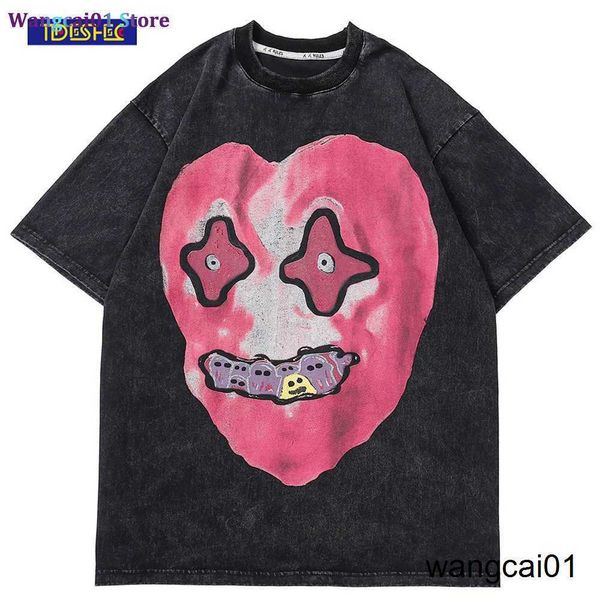 Wangcai01 Diy camiseta 2022 homens Hip Hop Washed Streetwear Funny Heart Monster Print Camise