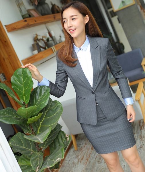 Женские костюмы Blazers Office Uniform Designs Women Business Suits Юбка и куртки наборы дамы серый пиджак.