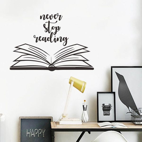 Adesivi murali Never Stop Reading Quote Sticker Decal Open Book Room Library Decor Carta da parati murale rimovibile