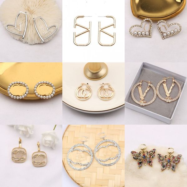 20 Stile 18 Karat vergoldet Ohrstecker Modemarke Designer Buchstaben Ohrstecker Kristall Strass Perle Eardrop geometrische berühmte Frauen Ohrring Hochzeit Jewerlry