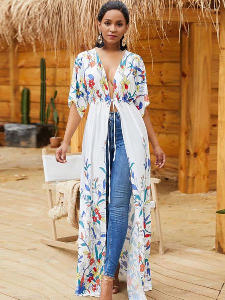 Praia de roupas de banho feminina Praia feminina Floral Bohemian Vestres Vosos V Neck de Manga Curta Ternos de Banho de Verão Elegantes Pareos de Playa Mujer