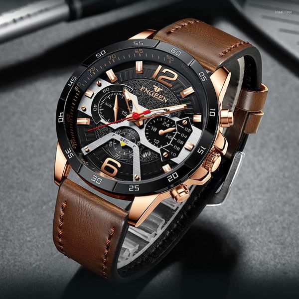 Avanadores de pulso Fngeen Personalidade de luxo Mens relógios luminosos de couro resistente a água de couro Strap Men Sports Watch Relogio Masculino