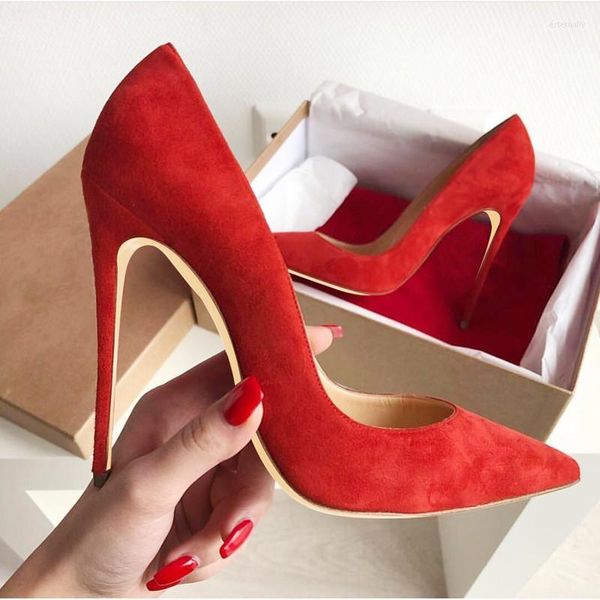 Elbise ayakkabıları kırmızı süet yüksek topuk pompaları 8 10 12cm stiletto topuklar sığ marka düğün ziyafet partisi büyük boyut 45