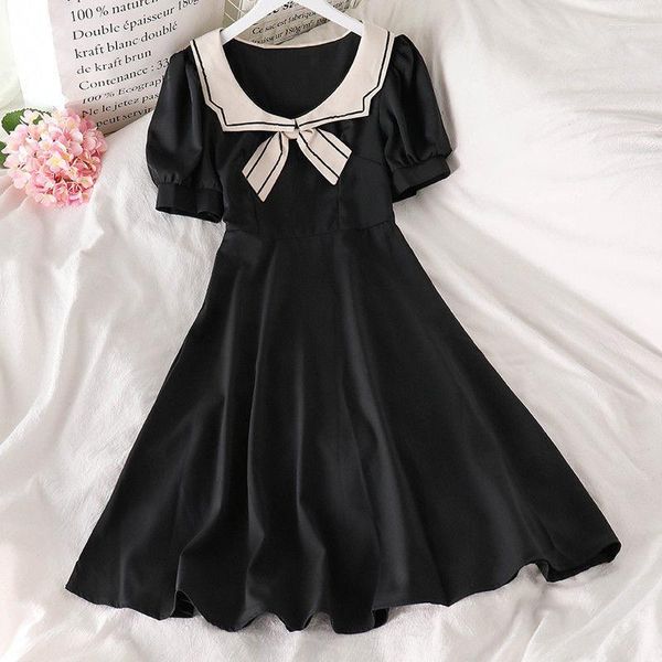 Vestidos casuais estudantes mulheres verão coreana elegância vintage arco marinheiro colarinho de manga de puff bufk roupas