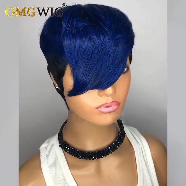 Ombre azul cor ondulado curto bob pixie pixie corta peruca sem glue sem renda cheia remy perucas de cabelo humano atacado para mulheres negras