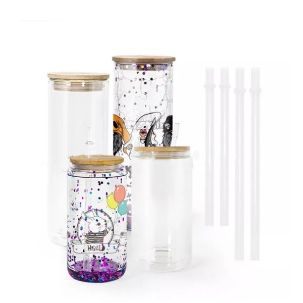 US-Lager 16 Unzen 25 Unzen Sublimation doppelwandiger Becher klares Bierglas Wärmeübertragung leere Glasdose mit Bambusdeckel Stroh Weihnachtsschneeball-Trinkbecher B5