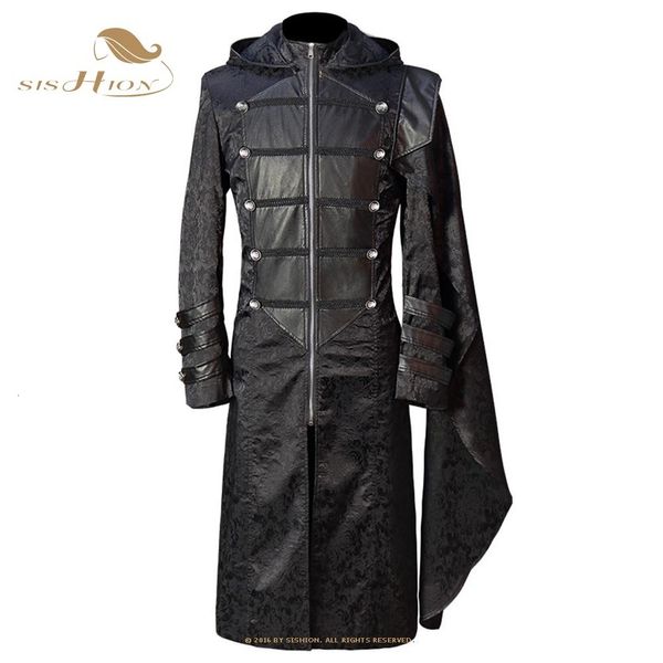 Men's Trench Coats Mens Trench Coat Leather Hooded Medieval Gothic Renaissance Punk Long Sleeves Jackets Retro Uniform Black VD2485 230316