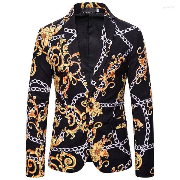 Ternos masculinos Moda Cadeia de ouro impressão masculina Blazers e jaquetas de terno 2023 Blazer floral de peito único Prom formal homme xxl1