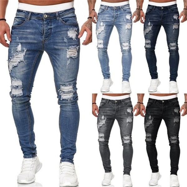 Erkekler Jean Fashion Street tarzı yırtık skinny kot pantolon katı denim pantolon sıradan ince fit kalem denim pantolon