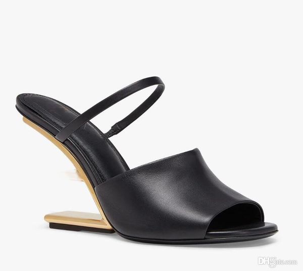 Top 23s/s primeiras sandálias vestido sapatos pulseira de couro em forma de f bombas de salto esculpido atacado de metal dourado desconto calçados ao ar livre com caixa