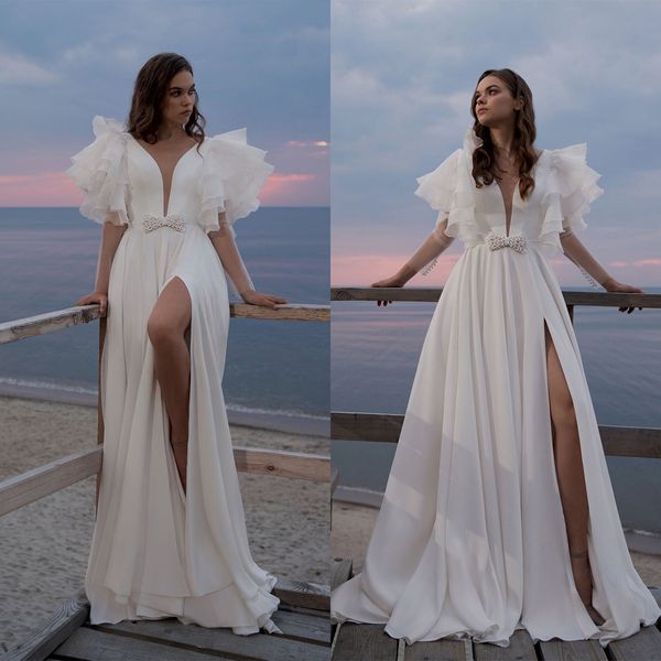 Abiti da sposa Abiti da sposa in chiffon morbido con scollo a V profondo sexy Nuovo abito da sposa con spacco alto sul lato dell'arco Abito da sposa su misura con strascico