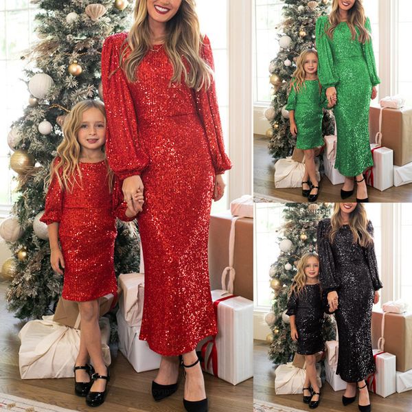 Família combina roupas de manga longa de manga longa Mathing Mãe e filha Roupas de festa Red Vestidos de casamento preto verde preto para mamãe menina 230316