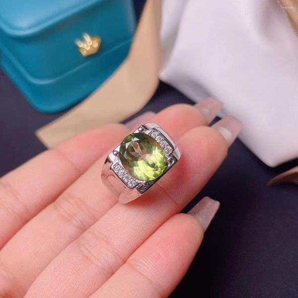 Anelli a grappolo Anello peridoto verde per gioielli da uomo Stile muscoloso Argento 925 reale Pietre preziose ovali di grandi dimensioni Regalo per feste