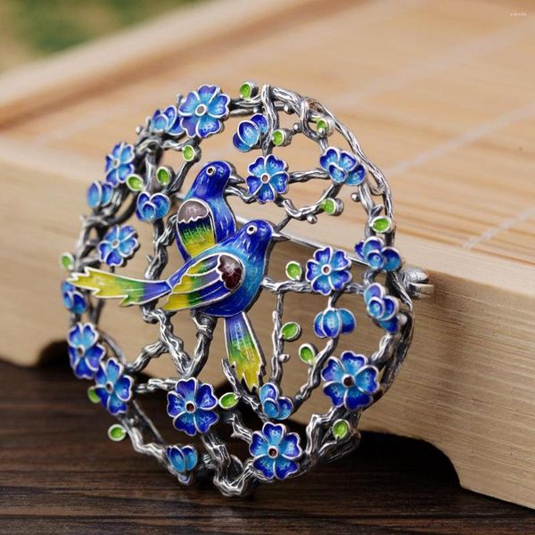 Broschen Thai Silber Elster Blüte Brosche Anhänger handgemachte Emaille Blume Vogel chinesischen Stil Pins Luxus Schmuck SBH0001