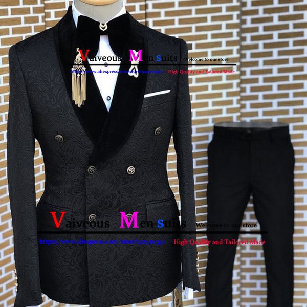 Erkek Suit Blazers Lüks Siyah Jacquard Erkekler İnce Fit Çift Krufizli Düğün Takımları Erkekler İçin Formal Prom Takım Sekreter 3 Parça Blazer Yelek Pantolon 230316