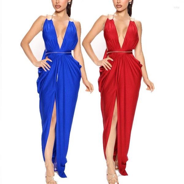 Vestidos casuais 2023 Moda Slit Club Party Festa Sexy Metal Chain Hollow Wine Red Blue Autumn Summer Mulheres vestir traje de palco