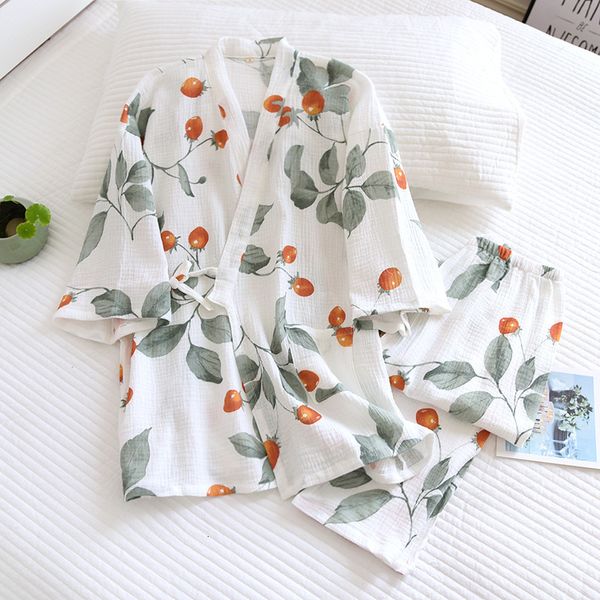 Kadınların Pijama Springsummer Japon Kimono bayanlar pamuk pijamaları iki parçalı üç çeyrek kollu pantolon gevşek ev servis seti kadın 230316