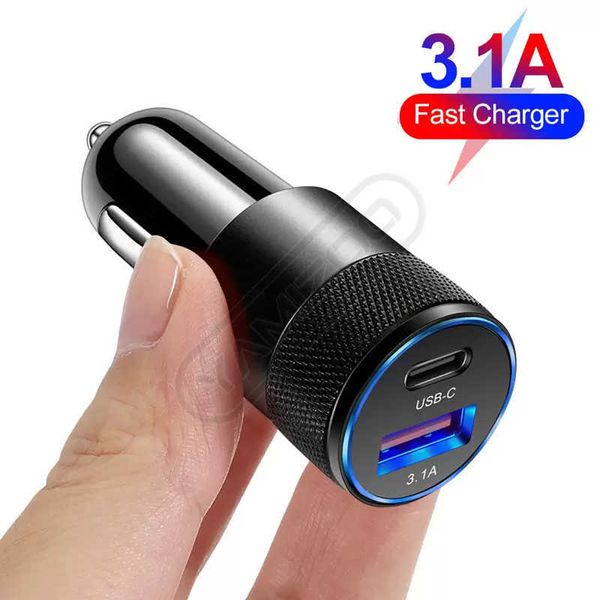 Carregador de carro rápido USB 15W 3.1A tipo C PD Fast Charger Double Charging Telefone Adaptador de carro para iPhone 14 13 12 11 Pro Max