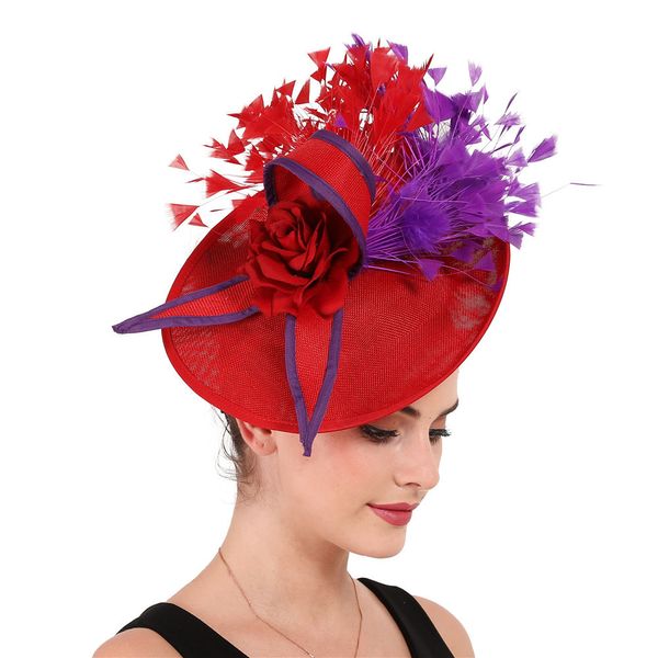 Chapéus de aba mesquinha elegantes roxos e vermelhos penas fascinator casamento nupcial hairclip chapéu para festa coquetel headpiece senhora padrão floral headwear 230316