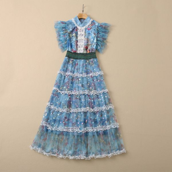 Vestido sem mangas de outono de verão colar de gola azul Botões com painéis de impressão floral de tule mid-bele