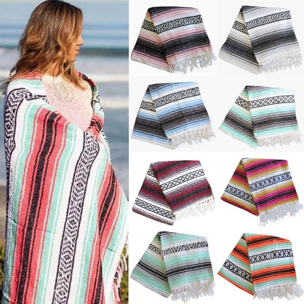 Coperta messicana oversize in cotone intrecciato a mano Serape Coperte da spiaggia Asciugamano Senza sabbia Coperta da campeggio all'aperto Asciugamani da viaggio in auto per yoga