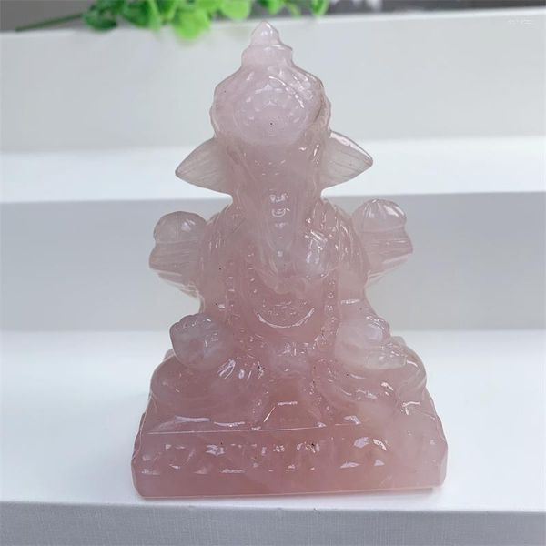 Estatuetas decorativas de 10cm de rosa natural quartzo cristal artesanal elefante esculpido God Ganesha Animal polido estátua poderosa para casa