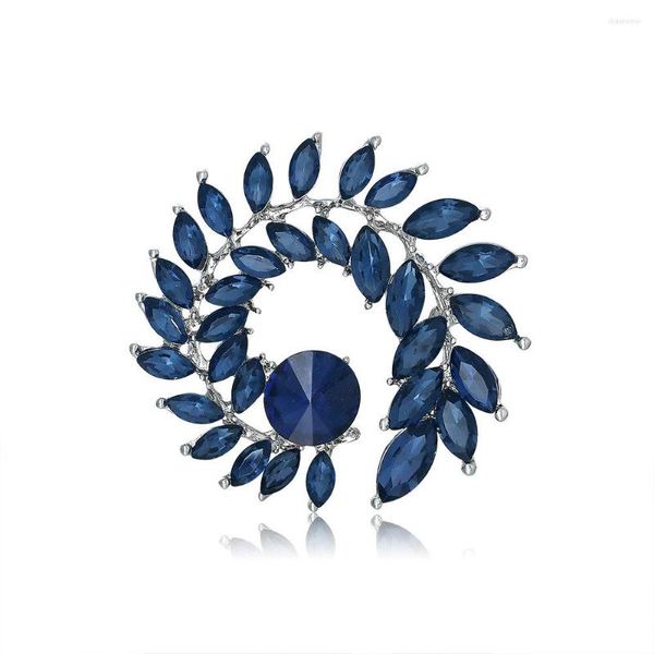 Broschen Luxus Elegant Weiß Blau Kristall Runde Baum Blatt Frauen Strass Legierung Pflanzen Brosche Dame Party Sicherheitsnadeln