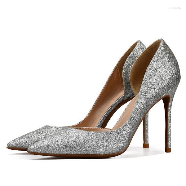 Elbise ayakkabıları 2023 moda kadın pompalar pullu kumaş altın şerit sivri uçlu kadın seksi parti düğün stiletto çıplak topuklular artı boyut H0015