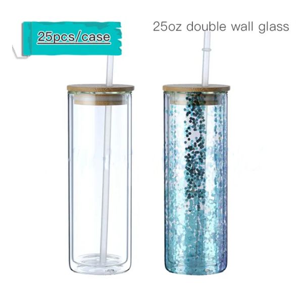 Armazém nos EUA 25oz de sublimação de parede dupla copo de parede dupla de vidro de vidro de vidro de vidro de vidro de vidro em branco com bambu palha de palha de natal snowball xícaras de bola de neve b5