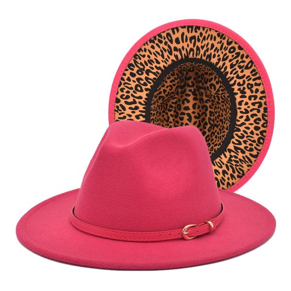 Cappelli Fedora patchwork con fondo leopardato con cintura rosa caldo Cappelli da chiesa Cappello da donna elegante Cappello a cilindro da uomo Cowsboy Panama Cappello in feltro