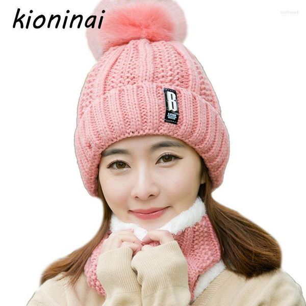 Berretti Beanie/Skull Caps Kioninai 2-Pcs Winter Hat Beanie Scarf Neck Warmer Balaclava Cap Skullies Women Fur Pom Hats Knitted Female1