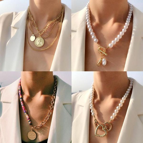 Catene JUST FEEL 2023 Collana girocollo di perle multistrato Dichiarazione collare Collana lunga catena color oro Ciondolo moneta Gioielli da donna per ragazze