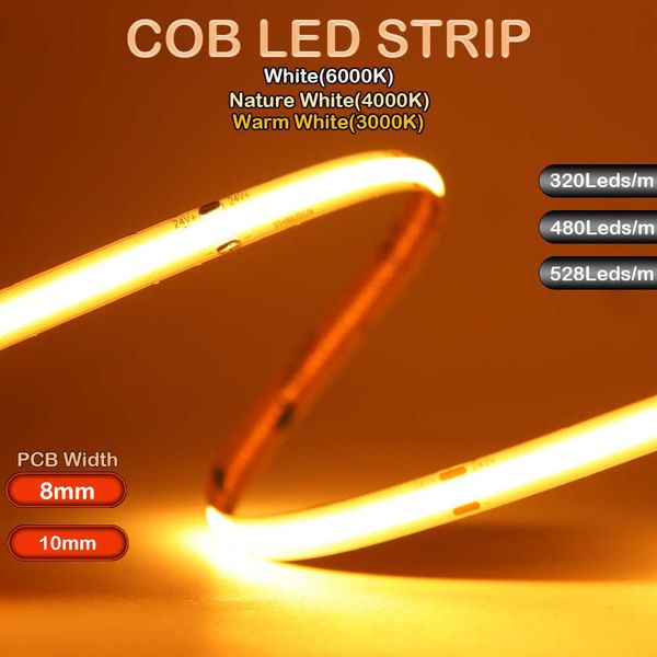 Tiras de LED Luzes de tira LED Cob 320 480 528LEDS/m de alta densidade fita flexível fita 3000-6000k Verde azul verde amarelo RA90 DC12V/24V P230315