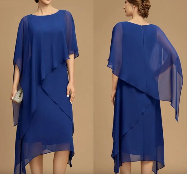 Mãe real de chiffon azul dos vestidos de noiva elegante jóia pescoço verão mulheres vestidos de festa forma