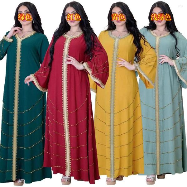 Abbigliamento etnico Abaya Dubai Moda musulmana Donna Medio Oriente Abito a maniche a tromba con diamanti a righe Islam Ramadan Turchia Caftano Abito casual